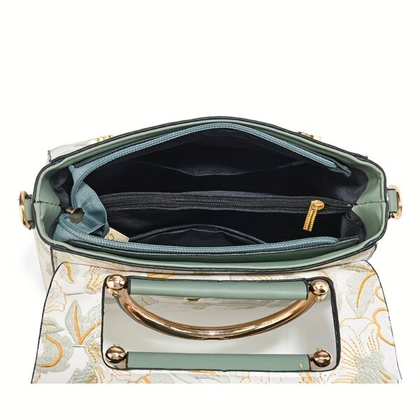 Elegant Floral Print Women's Handbag - Stylish Crossbody Bag with Golden-Tone Hardware, White Base & Black/Beige Floral Pattern, Lightweight & Spacious for Everyday Use - Image 5