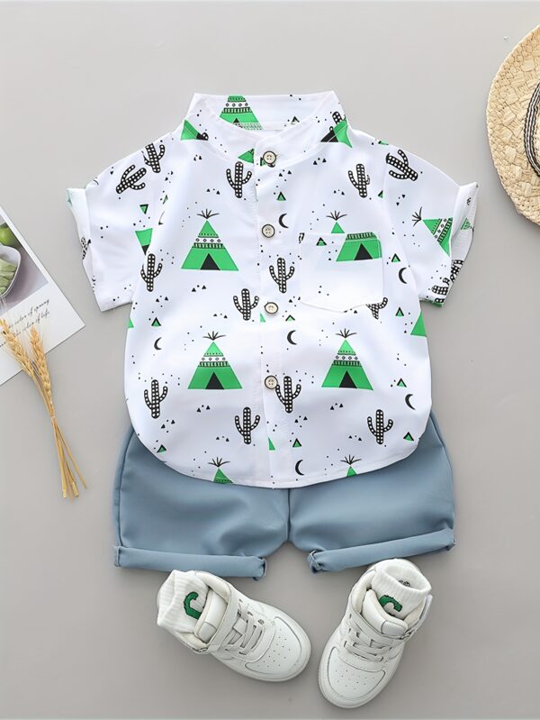 Men'S Infant Summer Graphic Tee and Shorts Set - Casual, Non-Stretch, Short Sleeve Shirt with Pyramid and Cactus Print, Light Blue Shorts, White Sneakers, Casual Summer Outfit for Little Boys, Casual Summer Outfit|Playful Print Design|Comfortable Fit, Baby Clothes, for Outdoor - Image 3