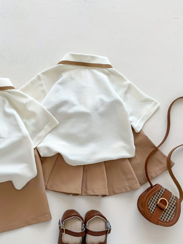 Cartoon Polo Shirt And Pleated Dress Set for Baby Girls in a Collegiate Style, for Outdoor - Image 2