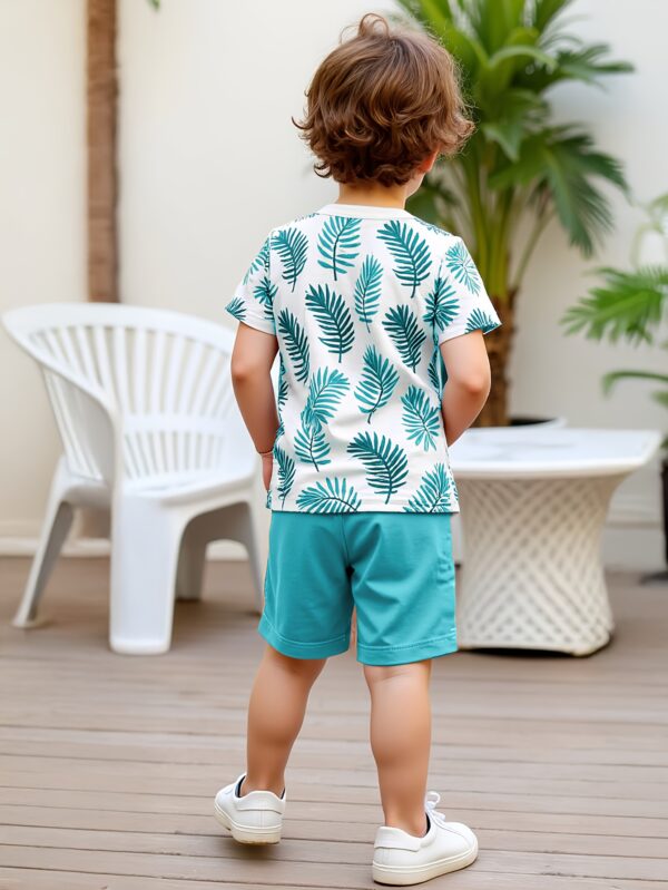 2pcs set of boys' clothing, summer short-sleeved round-neck T-shirt with leaf print and boy's fashionable shorts for summer outings, Perfect for Outdoor - Image 6