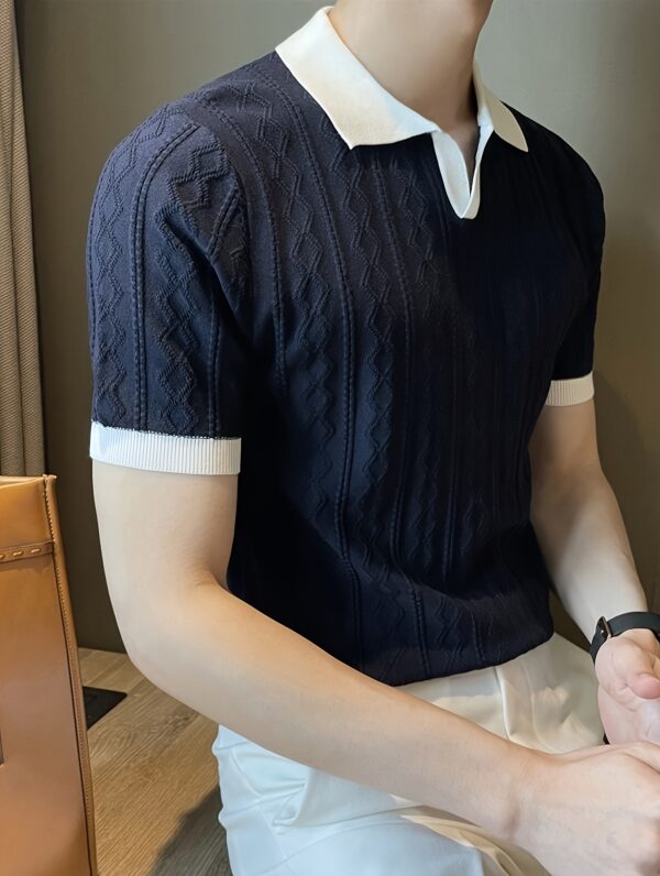 Men's Summer Slim Fit Contrast Collar Short Sleeve Knit Sweater - Lightweight Breathable Casual Pullover, Machine Washable for Office & Social Events, Cute Sweaters, Event Pullover, Medium Stretch Fabric - Image 4
