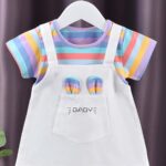 A New Baby Girl'S Summer Dress, Featuring Striped Short Sleeves And a Faux Two-Piece Design, Made of Pure Cotton, Perfect for Little Ones.