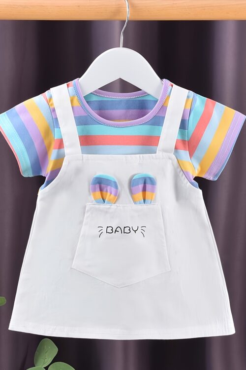 A New Baby Girl’S Summer Dress, Featuring Striped Short Sleeves And a Faux Two-Piece Design, Made of Pure Cotton, Perfect for Little Ones.