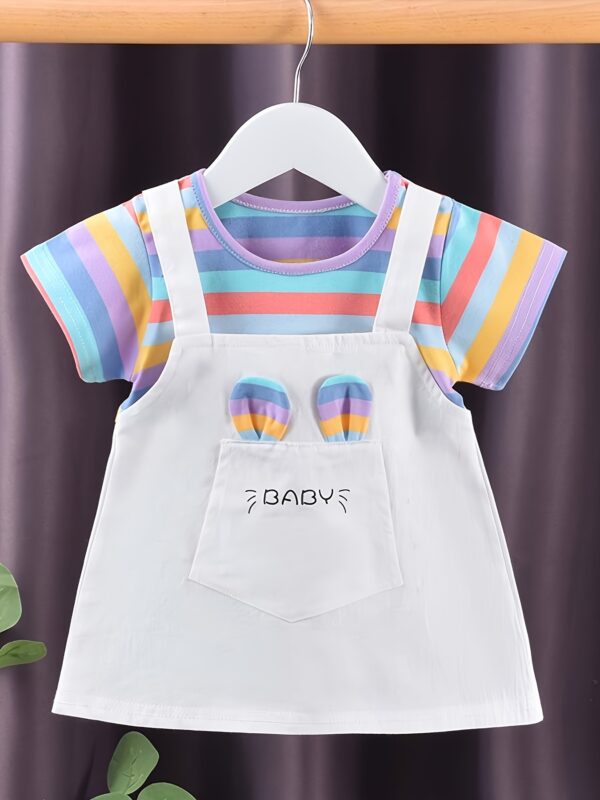 A New Baby Girl'S Summer Dress, Featuring Striped Short Sleeves And a Faux Two-Piece Design, Made of Pure Cotton, Perfect for Little Ones.