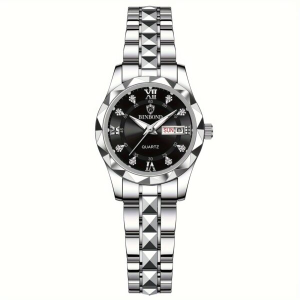 BINBOND Women's Light Luxury Quartz Watch with Night Glow, Double Calendar, Stainless Steel Band & Blue Dial - Elegant Casual & Formal Watch for Casual Attire - Image 4