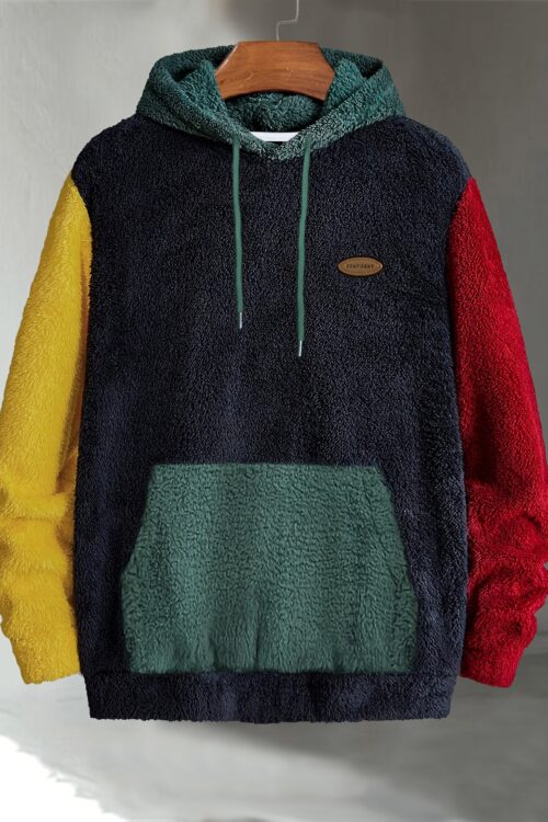 Men’s Multicolor Fleece Hoodie with Patch – Warm, Casual Fall & Winter Sweatshirt with Drawstring Hood and Kangaroo Pocket, Casual Winter Wear|Color Block Hoodie|Soft Texture Sweatshirt