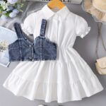 Girls' White Puff Sleeve Dress Paired with a Vest Two-Piece Set P101325 - Image 6