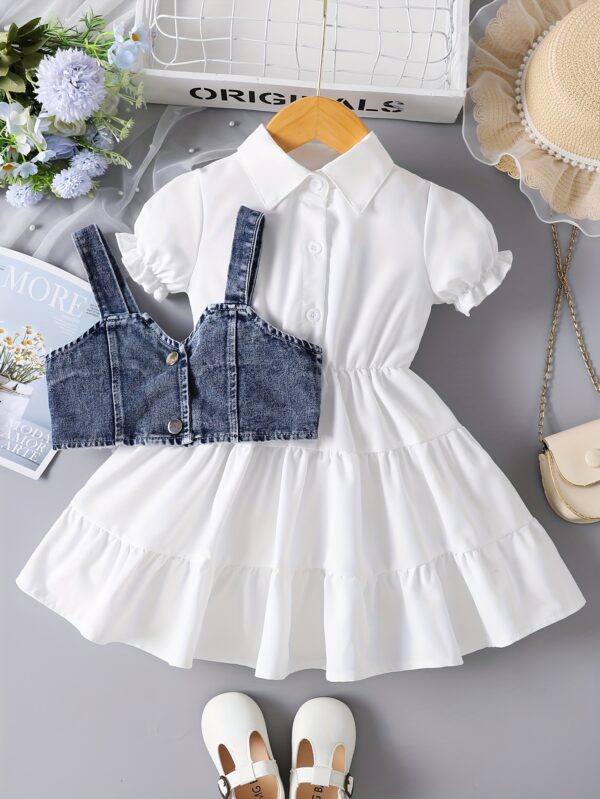 Girls' White Puff Sleeve Dress Paired with a Vest Two-Piece Set P101325 - Image 6