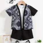 Boys' Polyester V-Neck Floral Print Casual Short Sleeve Shirt with Matching Shorts Set for Spring/Summer - Woven Loose Fit Outfit, for Outdoor