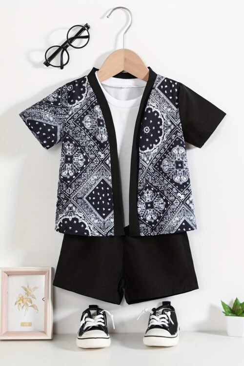 Boys’ Polyester V-Neck Floral Print Casual Short Sleeve Shirt with Matching Shorts Set for Spring/Summer – Woven Loose Fit Outfit, for Outdoor