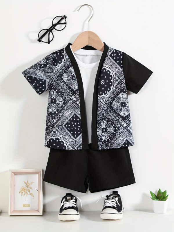 Boys' Polyester V-Neck Floral Print Casual Short Sleeve Shirt with Matching Shorts Set for Spring/Summer - Woven Loose Fit Outfit, for Outdoor