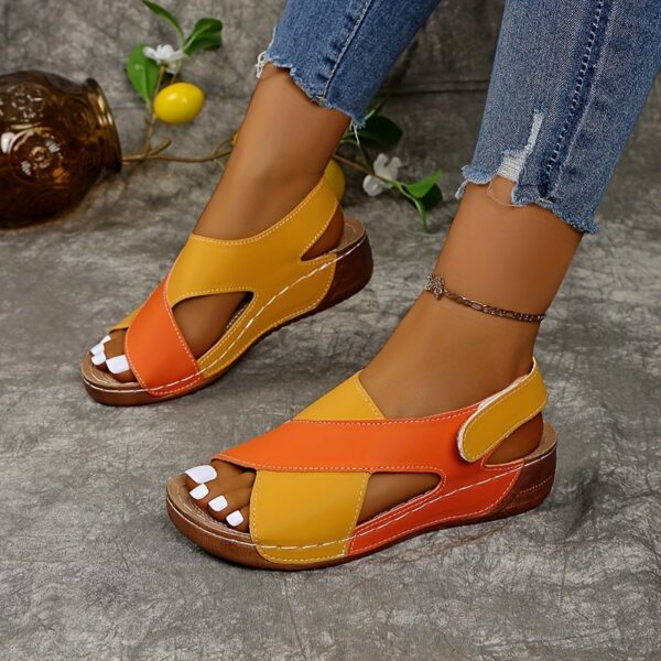 Women's Two-Tone Wedge Sandals - Open Toe, Chunky Heel, Faux Cover with Metallic Buckle Strap, Perfect for Beach, Party & Casual Outings, Beachwear Shoes | Durable Tpr Sole, Ladies Sandals - Image 9