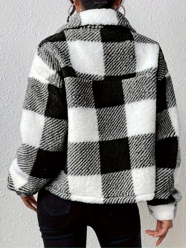Plaid Button Front Teddy Coat, Casual Flap Pocket Long Sleeve Coat For Fall & Winter, Women's Clothing - Image 2