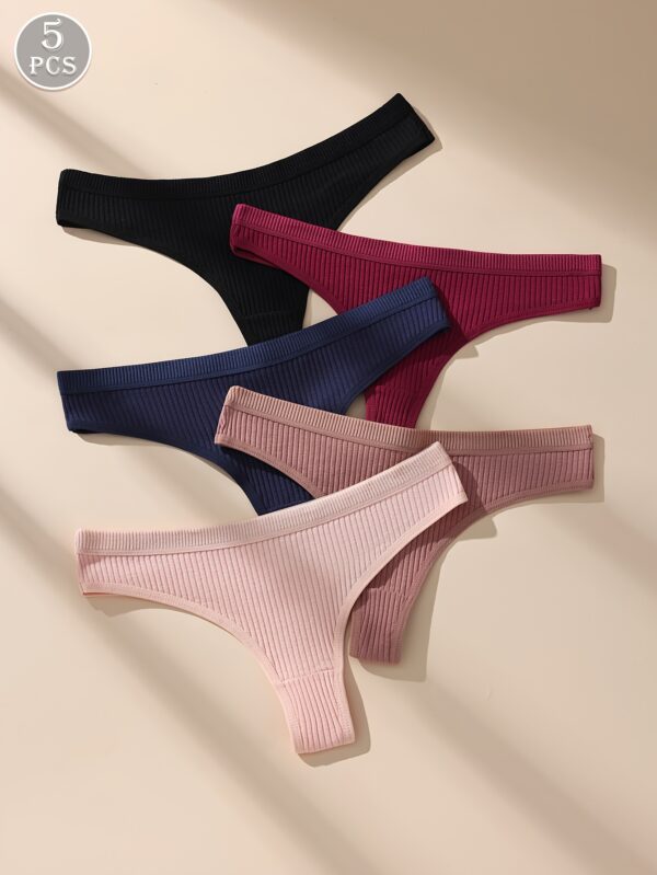5pcs Soft & Breathable Women's Thongs - Sexy Low-Rise Ribbed Underwear in Black, Navy Blue, Maroon, Dark Pink & Light Pink, Hand Wash Only - Image 2
