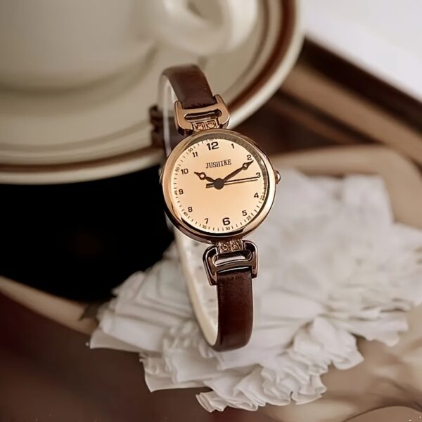 Elegant Vintage Women'S Quartz Watch with Brown Faux Leather Strap, Golden-Tone Alloy Case, Arabic Numerals, and Minimalist Design - Perfect for Casual Attire, Casual Watch|Elegant Timepiece|Goldtone Case, Watch Accessories - Image 2