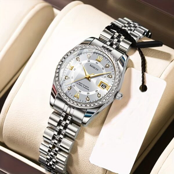 KASRLUO Women's Stainless Steel Quartz Watch with Luminous Rhinestone Date Display, Blue Dial & Golden-Tone Band - Elegant Business Style, Casual Elegance | Elegant Timepiece | Luminous Dial - Image 4