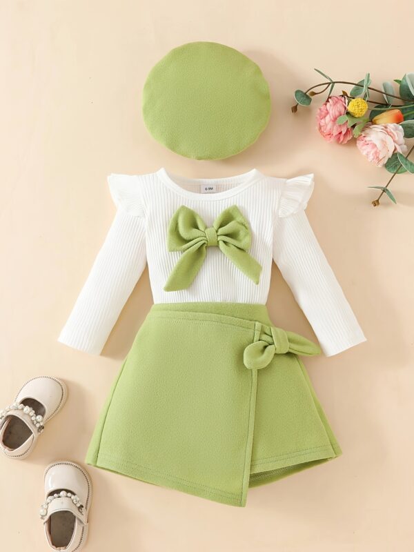 3pcs Baby's Adorable Bowknot Decor Long Sleeve Top + Beret + Trendy Skirt, Toddler & Infant Girl's Clothing Outdoor Set For Winter Fall, Outdoor Cloth - Image 5