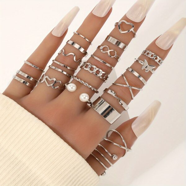 22-Piece Fashion Stackable Rings Set, Vintage Punk Style, Faux Pearl Inlays, Versatile for Daily Wear, Parties, Casual Vacation, Perfect Gift for Women, Zinc Alloy, Heart Theme, All-Season Accessory - Image 6