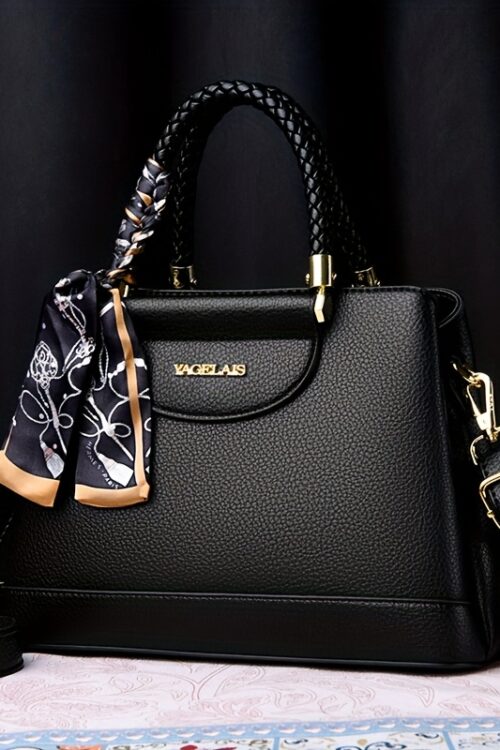 Elegant Women’s Shoulder letter Bag – Chic Solid Color, Large Capacity with Scarf Accent, Adjustable Strap, Secure Zip Closure