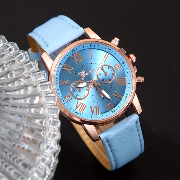 1pc Set of Fashionable Women'S Sky Blue Roman Quartz UP Faux Leather Watch And 5pcs of Heart Sky Blue Accessories Set. Eid, Valentine'S Day, Easter Gift for Mom - Image 4