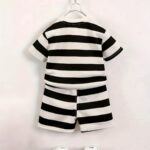 2pcs Boys Fashion Black And White Striped Breathable Short Sleeve Round Neck Shirt With Cartoon Bear Patch & Shorts Set For Summer Daily & Outdoor Wear - Image 2