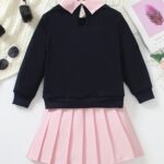 Two-piece Set for Girls: Fashionable Letter Random Print with Turnover Collar Regular Long Sleeve Top + Pleated Edge Solid Color Regular Short Skirt Length and Thigh Spring and Autumn Casual Half Skirt Set - Image 4