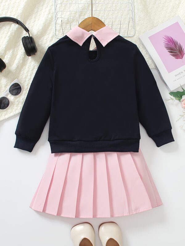 Two-piece Set for Girls: Fashionable Letter Random Print with Turnover Collar Regular Long Sleeve Top + Pleated Edge Solid Color Regular Short Skirt Length and Thigh Spring and Autumn Casual Half Skirt Set - Image 4