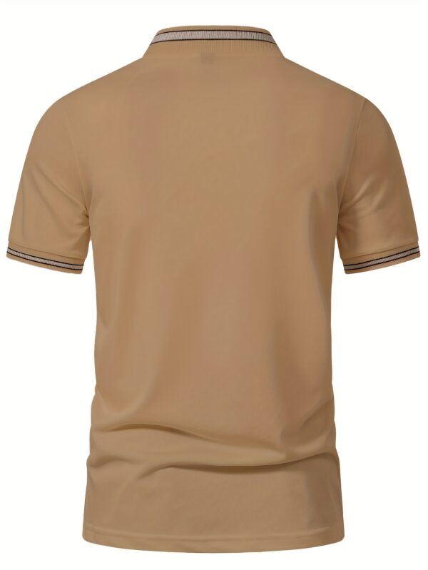 Men'S Casual Short Sleeve Polo Shirt - Beige with Black Side Stripes, Comfortable Breathable Fabric, Mandarin Collar, Zipper Detail, Perfect for Sports, Outdoor Activities & Casual Wear, Sports Casual Wear | Minimalist Design | Comfortable Fit - Image 7