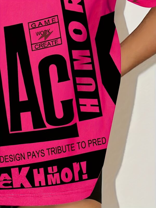 Youthful Vibes: Women's Casual Off-Shoulder Graphic Tee - Stretchy Polyester Blend, Machine Washable, Round Neck, Short Sleeve, Black & Pink Design with Bold "BLACK HUMOR" Print, Perfect for Spring/Summer - Image 7