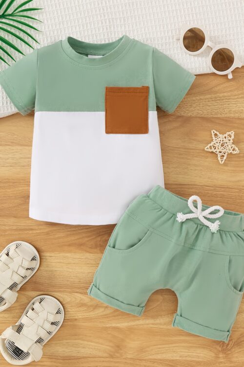 Two-Piece Set for Baby Boys Featuring a Short-Sleeve T-Shirt with a Front Pocket And Solid Color Shorts, for Outdoor