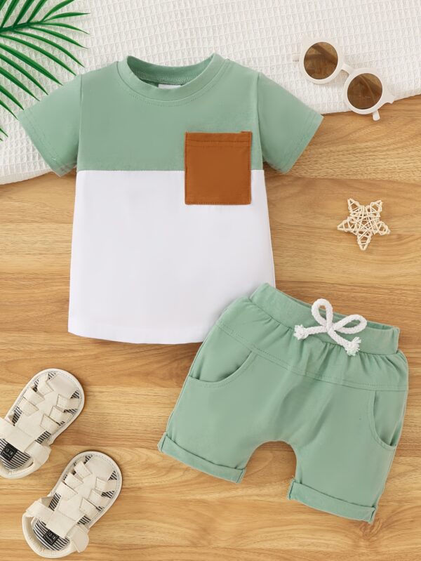 Two-Piece Set for Baby Boys Featuring a Short-Sleeve T-Shirt with a Front Pocket And Solid Color Shorts, for Outdoor