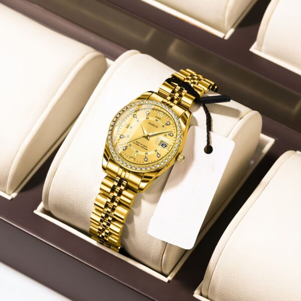 KASRLUO Women's Stainless Steel Quartz Watch with Luminous Rhinestone Date Display, Blue Dial & Golden-Tone Band - Elegant Business Style, Casual Elegance | Elegant Timepiece | Luminous Dial - Image 3