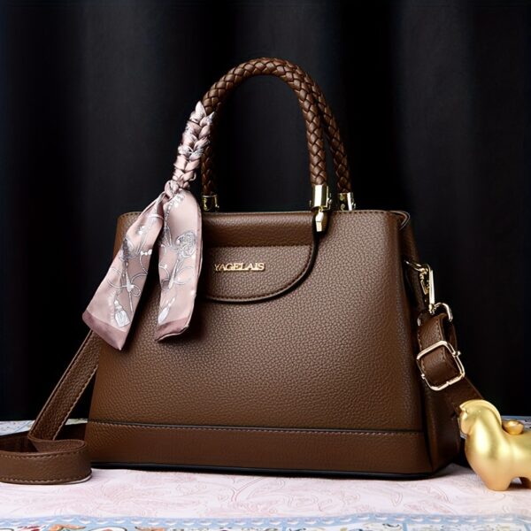 Elegant Women's Shoulder letter Bag - Chic Solid Color, Large Capacity with Scarf Accent, Adjustable Strap, Secure Zip Closure - Image 8