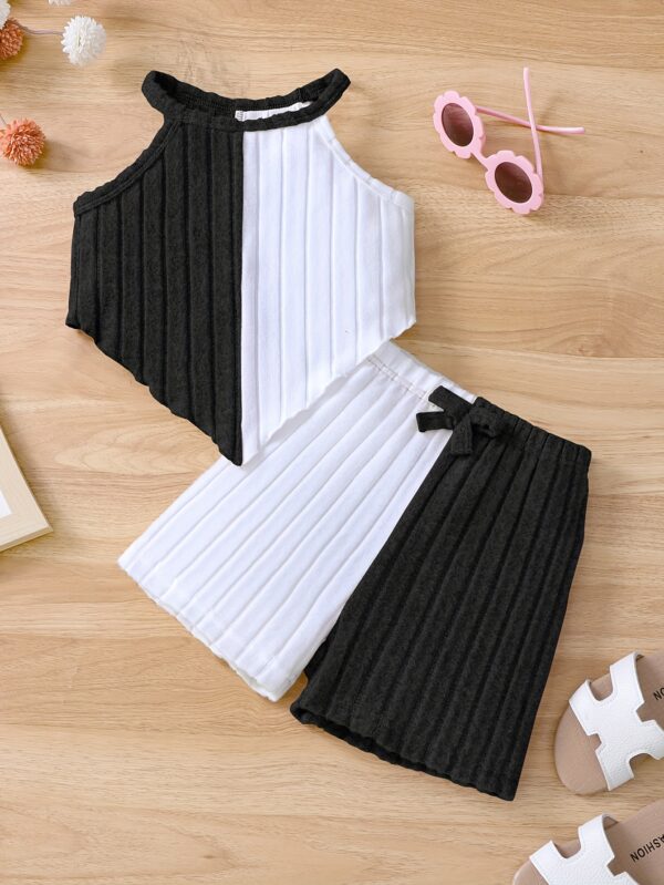 Girls 2pcs Summer Outfit Set, Knitted Polyester & Elastane, Solid Color Halter Neck Top with Bow Detail & Matching Shorts, Casual Fit for Playtime & Outings, for Outdoor - Image 3
