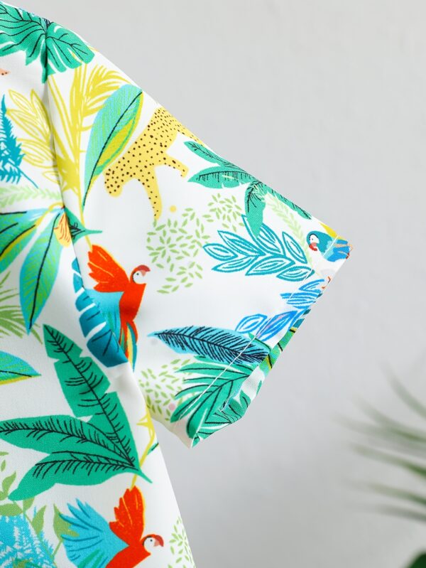 Boys' Summer Casual Outfit: White Leaf Print Short Sleeve Shirt and Comfortable Shorts Set, Polyester, Non-Stretch Fabric - Ideal for Outdoor Activities, Tree Leaf, Suitable, Leisure Style, Conventional Version, Summer, Perfect for Outdoor - Image 7