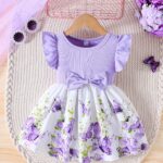 Girls' Spring/Summer Ruffled Sleeve Dress with Bow Detail and Elastic Waistband - Green Butterfly Print on White, Knee-Length, Machine Washable - Image 2
