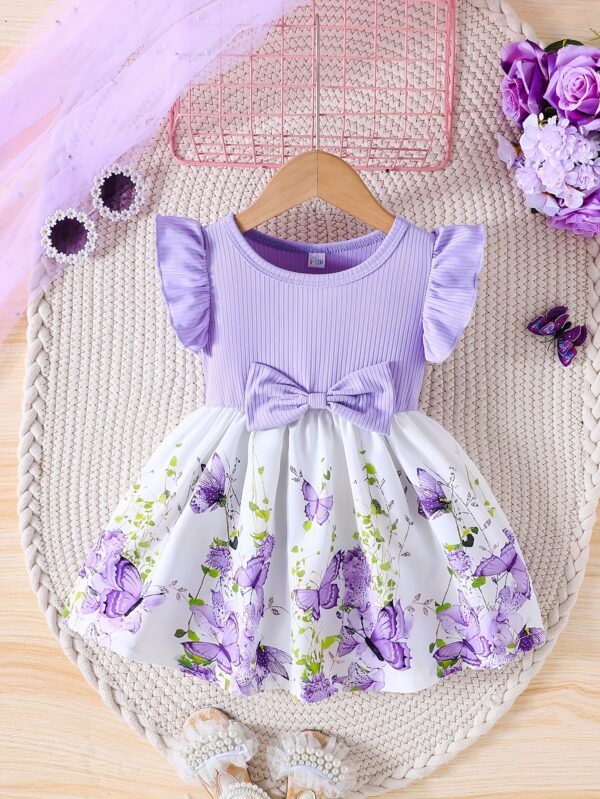 Girls' Spring/Summer Ruffled Sleeve Dress with Bow Detail and Elastic Waistband - Green Butterfly Print on White, Knee-Length, Machine Washable - Image 2