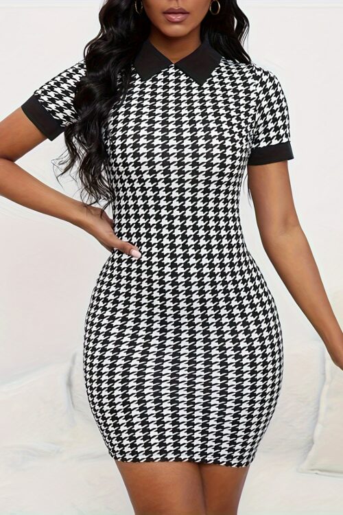 Houndstooth Print Contrast Trim Dress, Elegant Short Sleeve Dress For Spring & Summer, Women’s Clothing