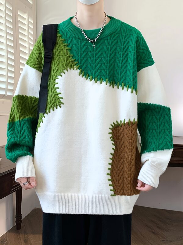 Men's Color-Block Cable Knit Sweater - Soft Warm All-Season Casual Pullover with Contrast Design, Machine Washable Regular Fit Round Neck Long Sleeve, Knitted Sweater, Durable Comfort Wear - Image 10