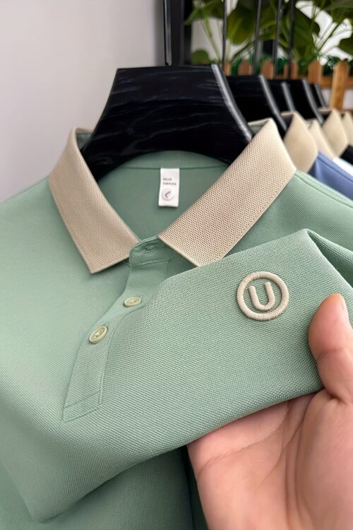 Men’s Stylish Embroidered Shirt – Casual Short Sleeve, Button-Up Collar, White with Gray Collar & Cuff Accents, Soft Polyester Fabric, Perfect for Golf or Casual Attire, Golf Shirt | Embroidered Collar Detail | Smooth Texture
