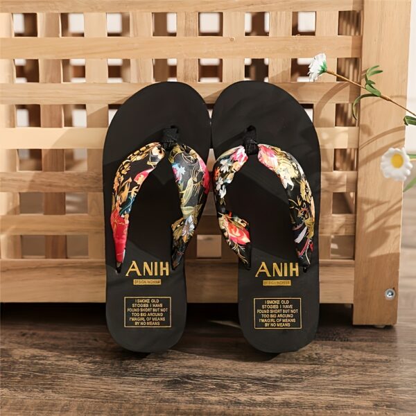 Elegant Bohemian Floral Women'S Flip Flops with Open Toe, Breathable Fabric Strap, Cushioned EVA Sole, Black and White Summer Beach Sandals for Vacation - Image 5