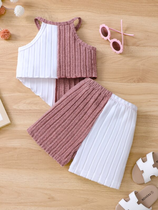 Girls 2pcs Summer Outfit Set, Knitted Polyester & Elastane, Solid Color Halter Neck Top with Bow Detail & Matching Shorts, Casual Fit for Playtime & Outings, for Outdoor - Image 9