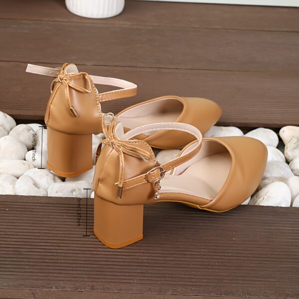 Women'S Elegant French-Inspired Mid-Heel Sandals with Ankle Strap & Bow Detail - Chic Pointed Toe Block Heel Pumps for Spring/Summer, Versatile & Fashionable Hollow Cutouts, Strappy Sandals - Image 6
