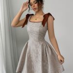 Elegant Women'S Plaid A-Line Dress, Square Neck, Fitted, Lace Up, Woven Polyester, 230g/m², with Cat Ear Design, for Adult, Summer - Image 5