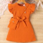 3pcs Set for Little Girls: Outdoor Sports Flying Sleeve Dress + Bag