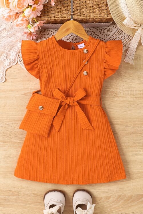 3pcs Set for Little Girls: Outdoor Sports Flying Sleeve Dress + Bag