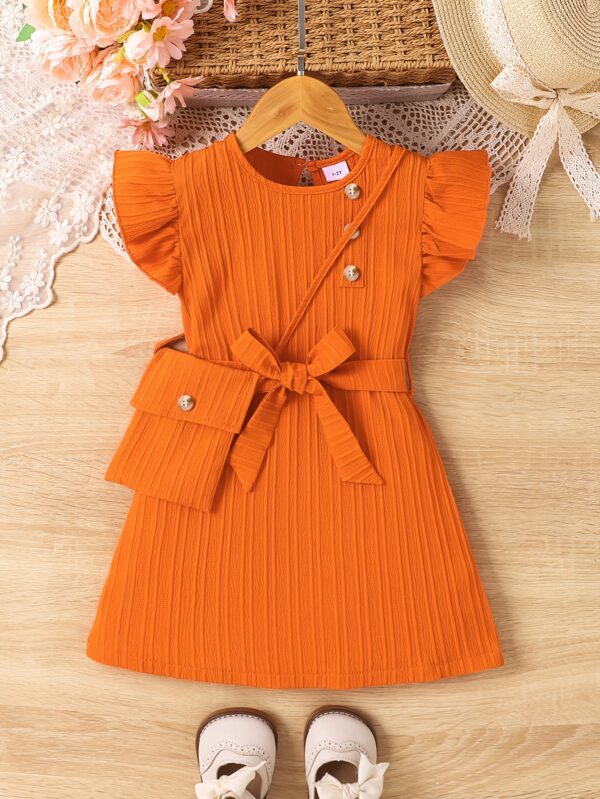 3pcs Set for Little Girls: Outdoor Sports Flying Sleeve Dress + Bag