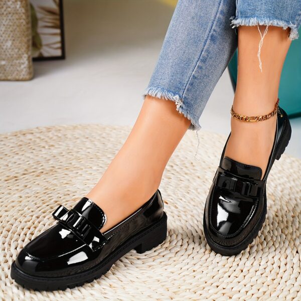 Women's Black Cover Loafers with Bow Detail - Comfortable Thick Sole, Round Toe Slip-On Shoes, Versatile for All Seasons - Image 5