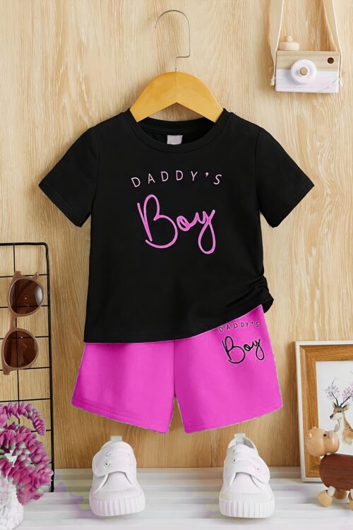 2pcs Summer Outdoors Boys’ Casual Letter Print T-Shirt and Shorts Set, Daddy’S Boy, Soft Knit Polyester with Slight Stretch, Short Sleeve, Crew Neck, for Boys, for Outdoor