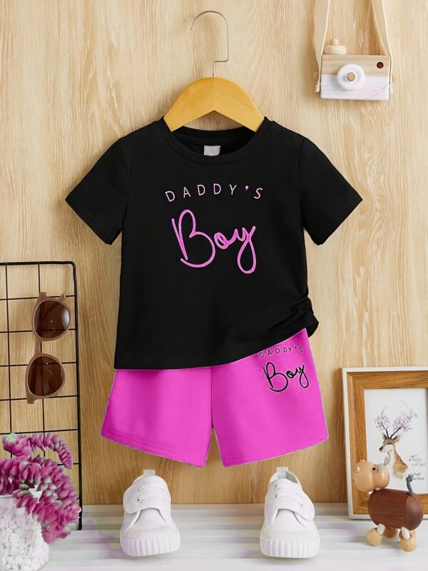 2pcs Summer Outdoors Boys' Casual Letter Print T-Shirt and Shorts Set, Daddy'S Boy, Soft Knit Polyester with Slight Stretch, Short Sleeve, Crew Neck, for Boys, for Outdoor